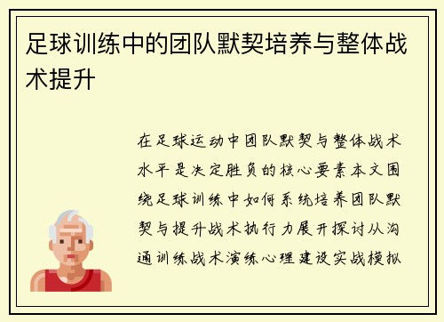 足球训练中的团队默契培养与整体战术提升