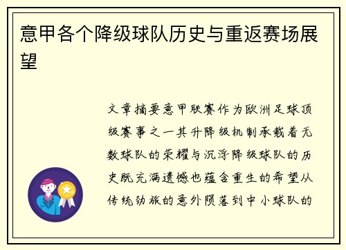 意甲各个降级球队历史与重返赛场展望